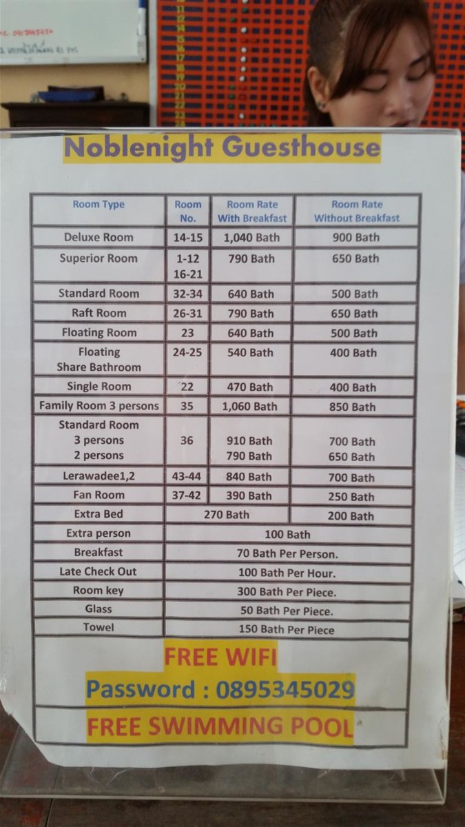 NOble Night Guesthouse Price List
